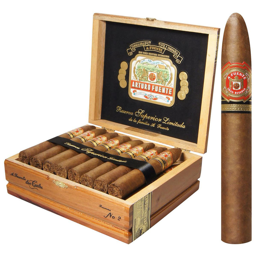 Arturo Fuente Don Carlos Cigars No 2 Pyramide, a premium cigar in a wooden cigar box with a black interior, featuring multiple cigars with colorful bands and the Arturo Fuente logo