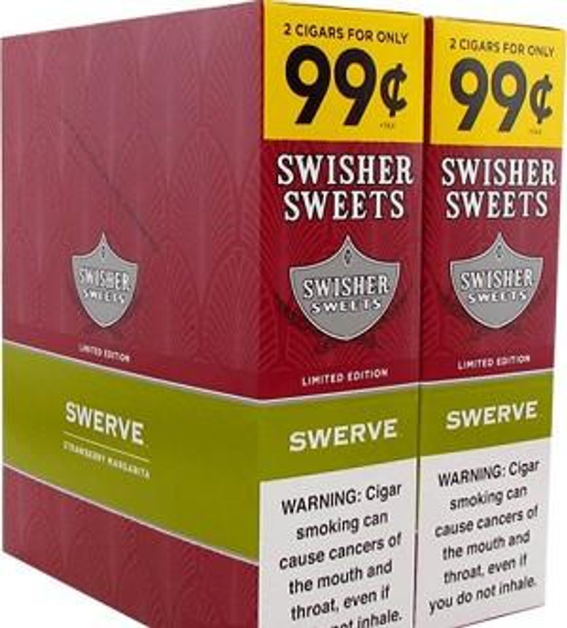Swisher International Swisher Sweets Cigarillos Foil Swerve 30 Pouches of 2, a box of flavored cigarillos in foil packaging with a red and yellow design, featuring warning labels about health risks.