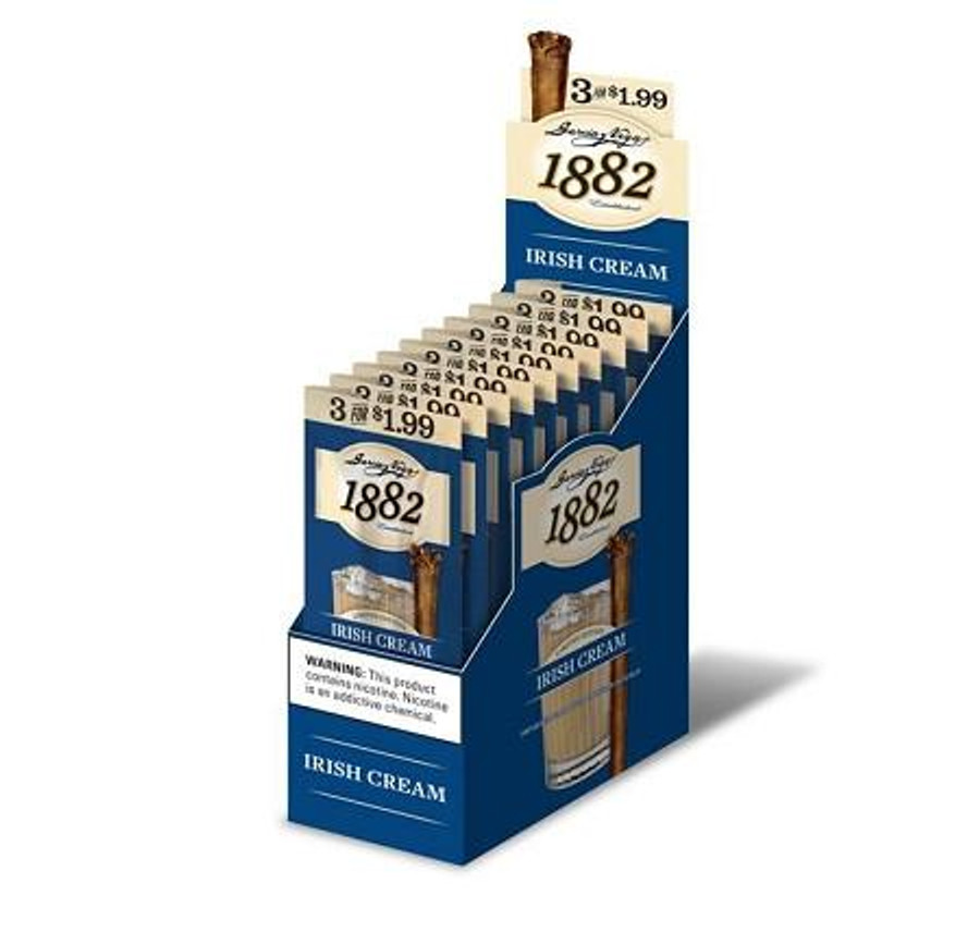 Swedish Match Garcia Y Vega 1882 Irish Cream Cigars, display box with 10 packs of 3 cigars each showcasing the product branding and packaging.