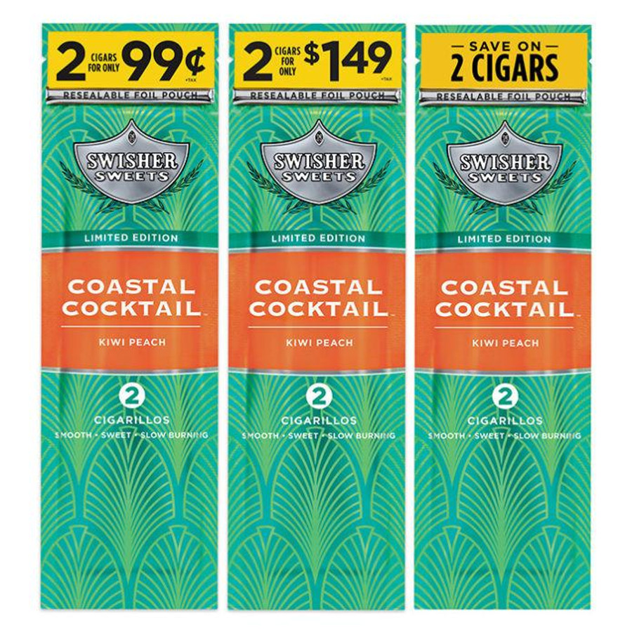 Swisher International Swisher Sweets Cigarillos Foil Coastal Cocktail 30 Pouches of 2, product packaging with a colorful tropical design, highlighting the kiwi peach flavor and promotional offers.