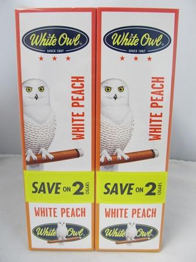 Swedish Match White Owl Cigarillos White Peach 30 Pouches of 2, product image showing packaging with white owl mascot and text indicating white peach flavor and promotion to save on 2 packs.