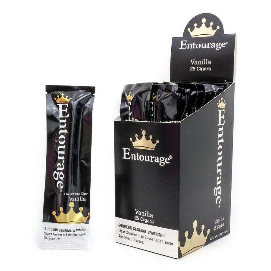 National Almond Honey Entourage Cigars Vanilla 25Ct, black packaging with gold crown logo and white text, featuring a display box and individual cigar pack.