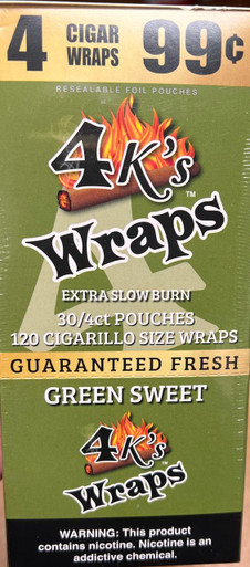 4 Kings Wraps 30/4 Pouches Green Sweet - Premium Dominican Watermelon Flavored Cigarillos
