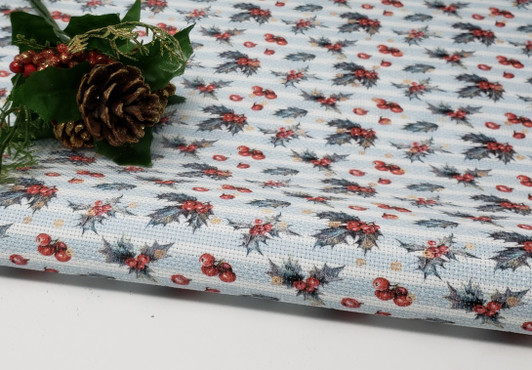 Christmas Holly on Blue Stripes Cross Stitch Fabric Christmas Holly on Blue Stripes Cross Stitch Fabric