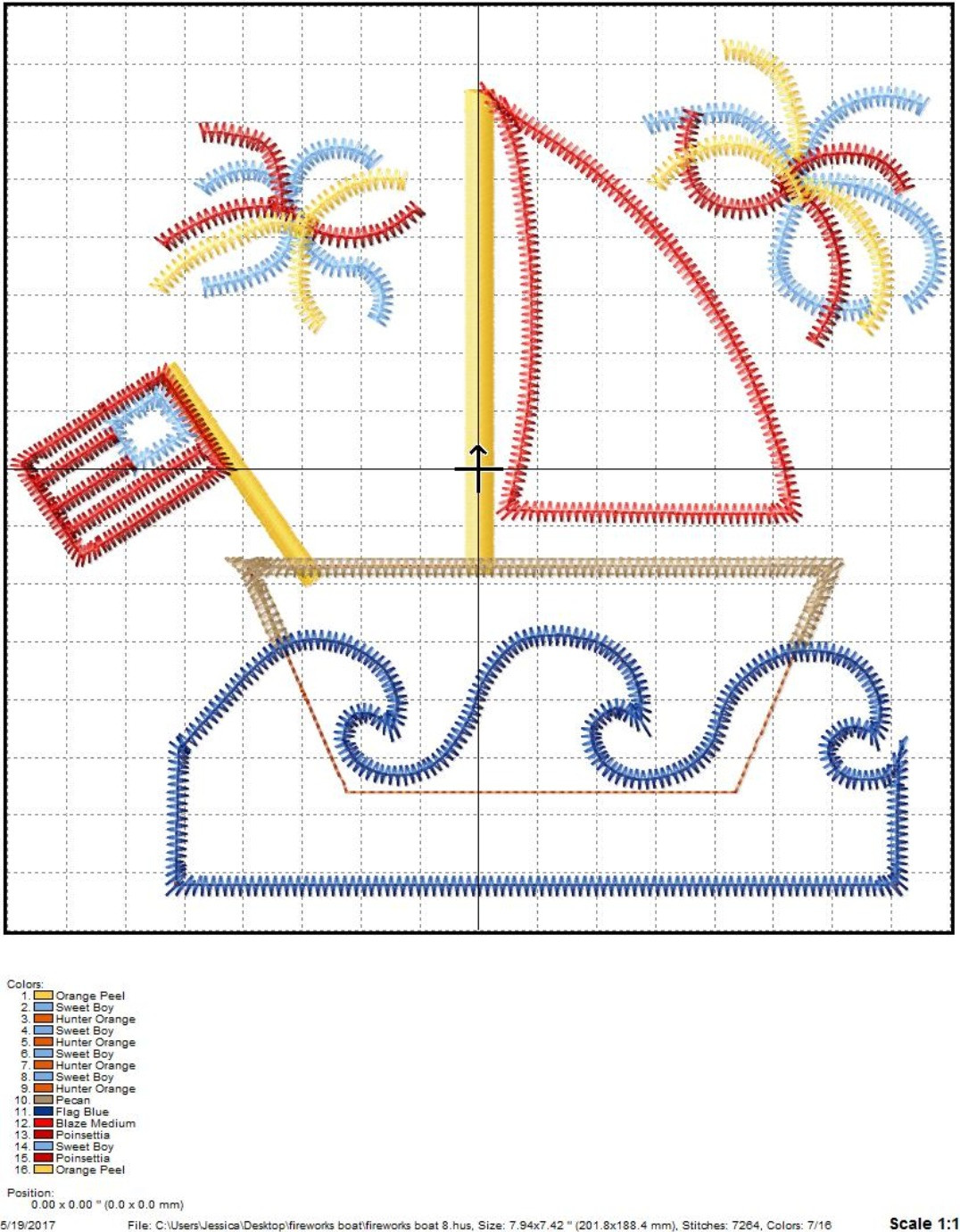 Fireworks Boat Sail Boats Zig Zag Applique Machine Embroidery Design