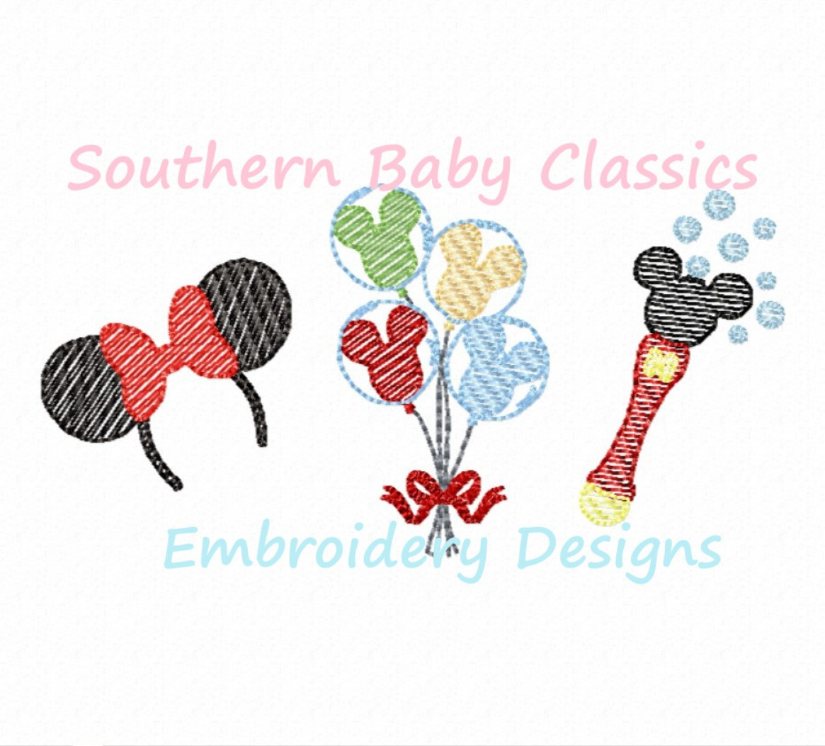 Mouse Character Souvenir Trio Sketchy Fill Machine Embroidery