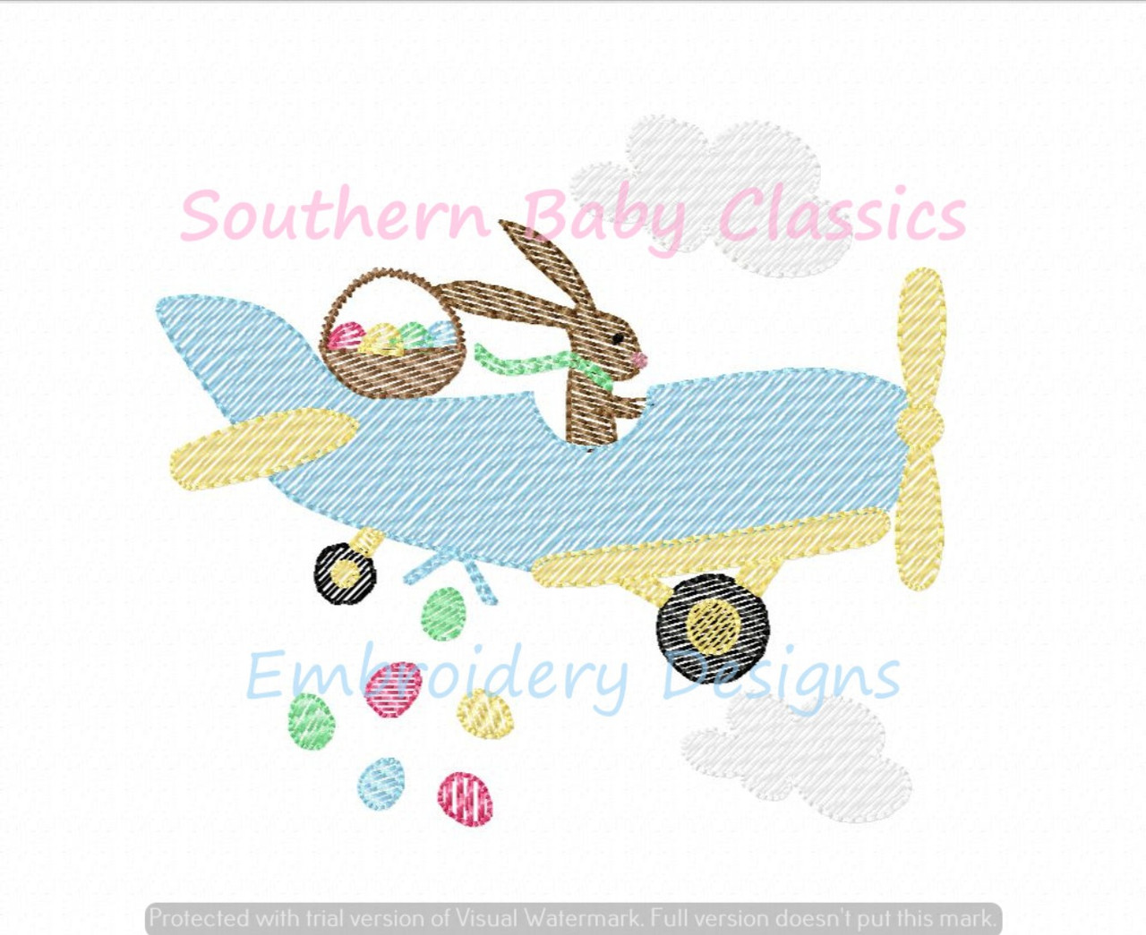 Sketchy Easter Bunny Egg Drop Airplane Machine Embroidery