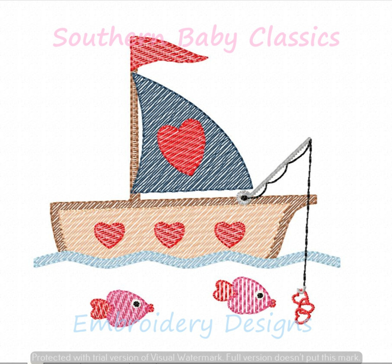 Valentine's Day Fishing Boat Sketchy Fill Machine Embroidery Design  Valentine Boy Sail