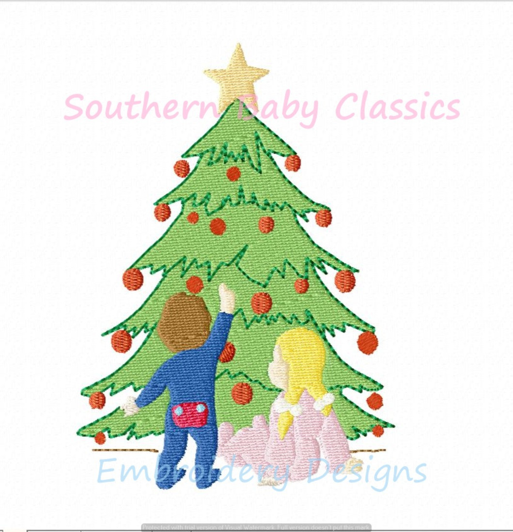 Boy and Girl Christmas Tree Fill Machine Embroidery Design Brother Sister  Pajamas Holiday Santa