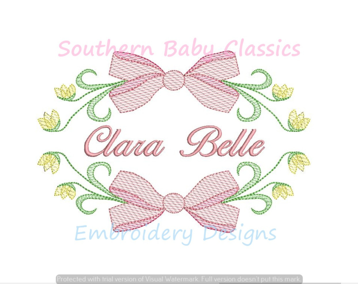 Spring Floral Flower Bow Oval Name Frame Light Sketchy Machine Embroidery  Design