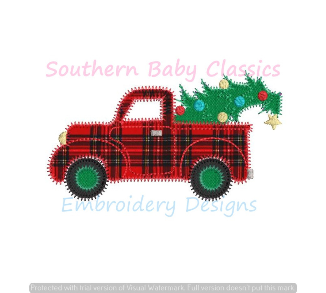 Antique Pick Up Truck Vintage Christmas Tree Zig Zag Applique Machine Embroidery Design