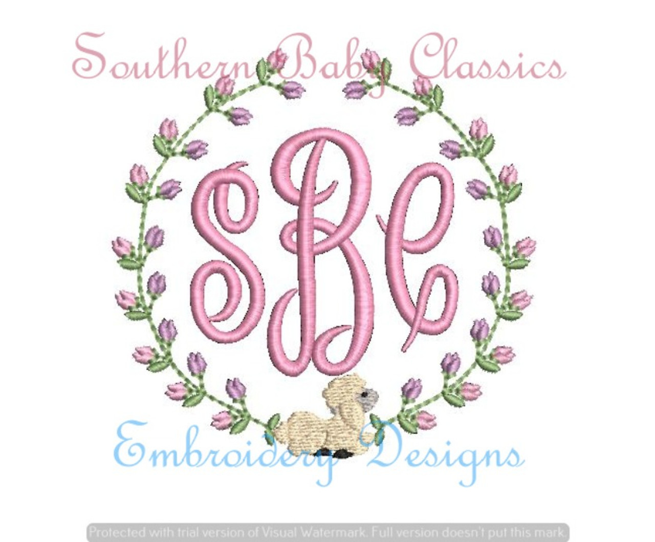 Lamb Rosebud Rose Monogram Frame Machine Embroidery Spring New Baby