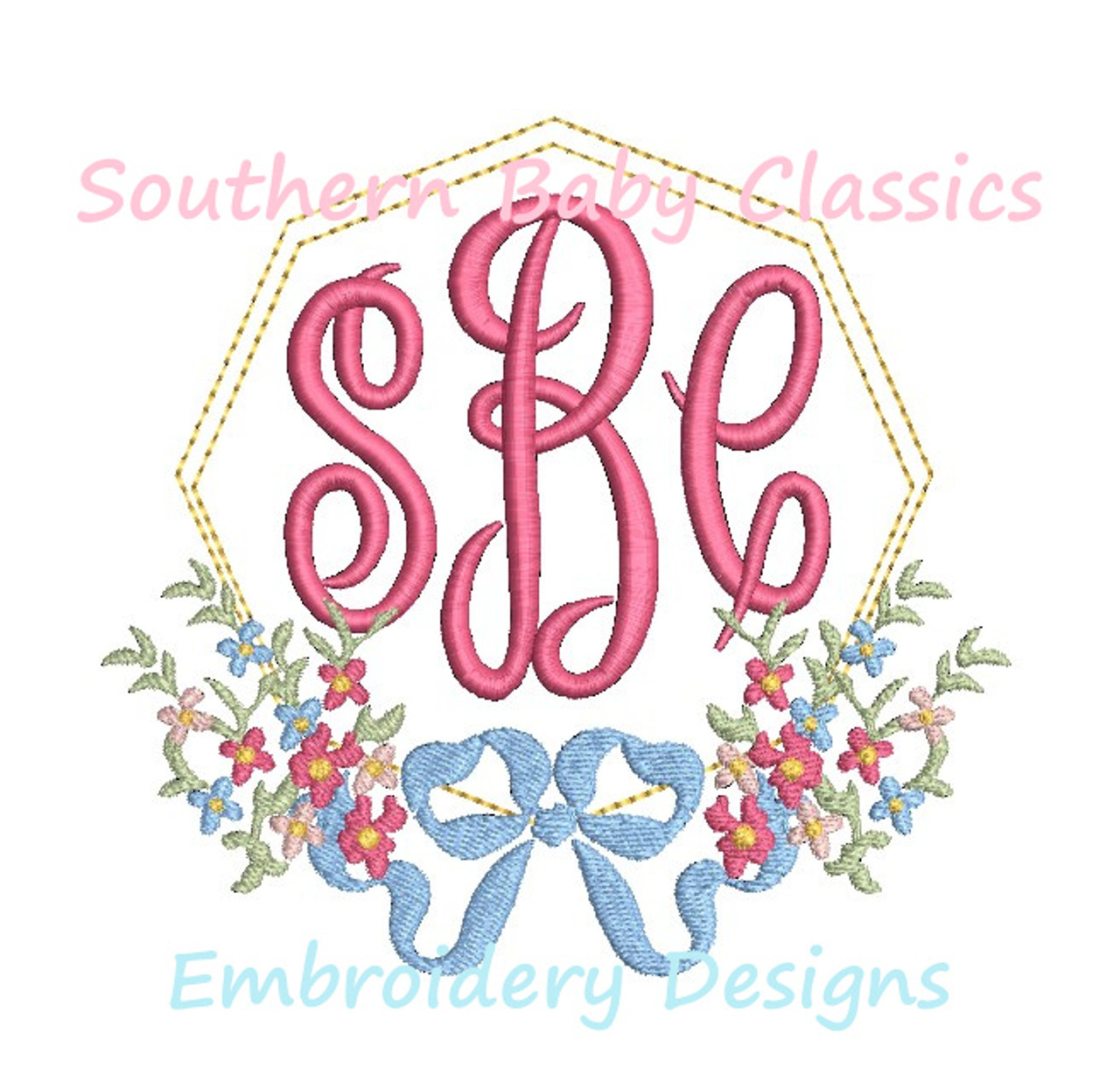 Rose Floral Bow Circle Monogram Frame Roses Machine Embroidery Design