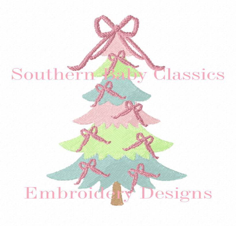 Christmas Tree Multicolor Preppy With Ribbon Bows Machine Embroidery Design  Full Fill