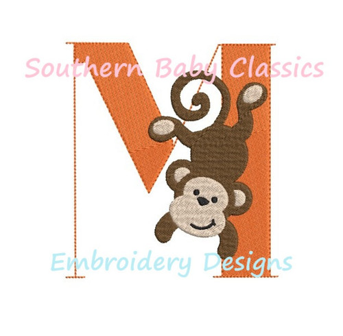 Monkey M Animal Monogram Initial Font Machine Embroidery Design Boy Girl
