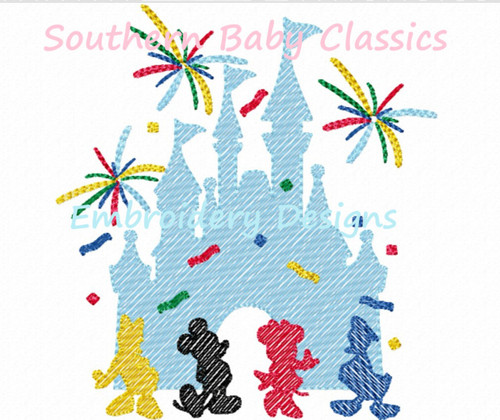 Theme Park Castle Characters Fireworks Confetti Sketchy Fill Machine Embroidery Design
