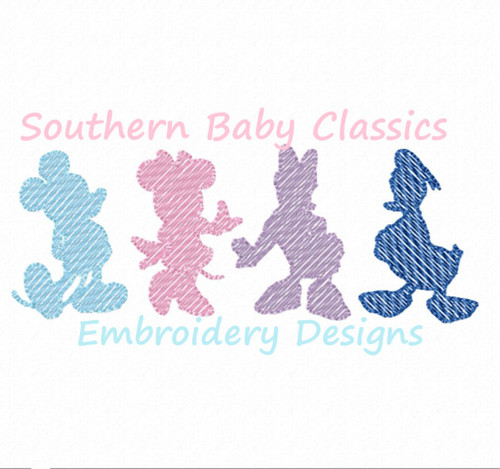 Mouse and Duck Characters Sketchy Fill Machine Embroidery Design Theme Park