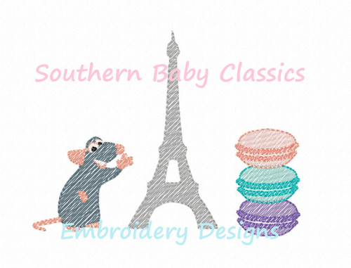 Paris Mouse Rat Character Trio Sketchy Fill Machine Embroidery Design Macarons Eiffel Tower