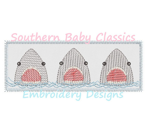 Shark Trio Applique Placard Sketchy Fill Machine Embroidery Design Summer Boy Vacation