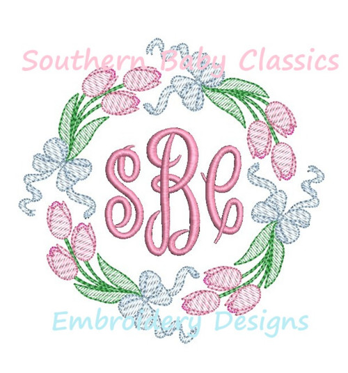 Tulip Bunch Bow Monogram Frame Light Sketchy Fill Machine Embroidery Design Flower Spring Easter