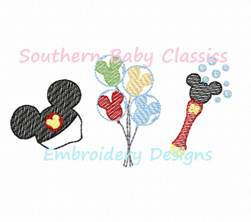 Mouse Character Souvenir Trio Sketchy Fill Machine Embroidery Design Ear Hat Balloons Bubble Wand