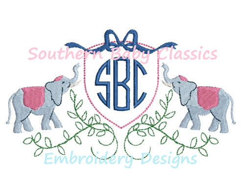 Elephant Greenery Bow  Monogram Frame Machine Embroidery Design Preppy