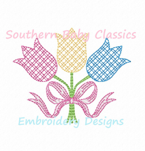 Spring Tulips Flowers Tied With a Ribbon Bow Spring Easter Machine Embroidery Design
