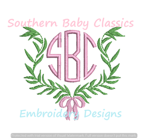 Greenery Bow Monogram Frame Machine Embroidery Design Girl Preppy Grandmillennial