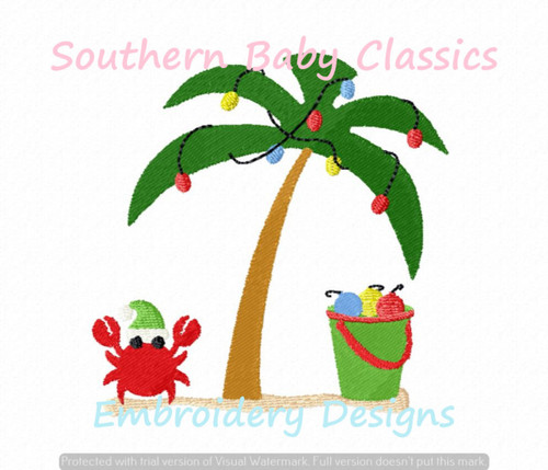Christmas Beach Full Fill Machine Embroidery Design Vacation Crab Palm Tree Pail