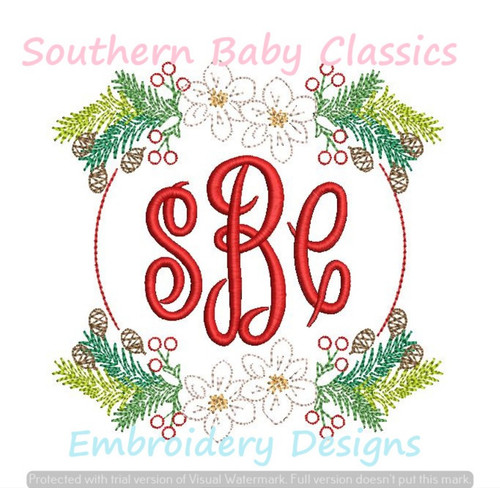 Christmas Floral Flower Greenery Monogram Frame Vintage Stitch Machine Embroidery Design