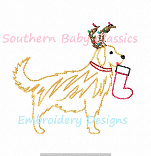 Christmas Golden Retriever Dog Antlers Lights Stocking Vintage Stitch Machine Embroidery Design