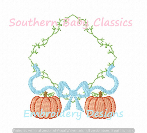 Greenery Pumpkin Bow Monogram Frame Machine Embroidery Design Fall Autumn Girl