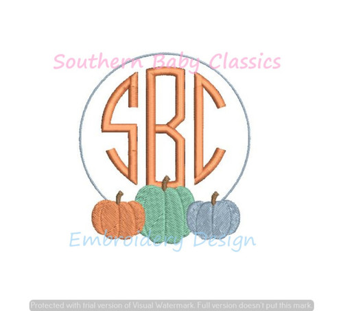 Three Pumpkin Circle Monogram Frame Machine Embroidery Design Fall Autumn Boy Girl Sibling Match