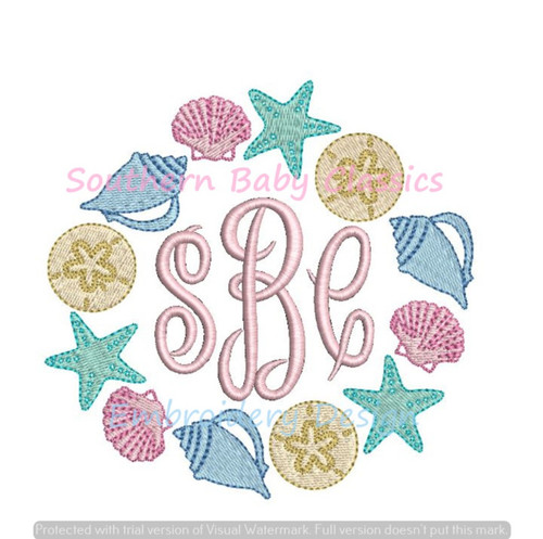 Seashell Beach Monogram Frame Machine Embroidery Design Summer Vacation