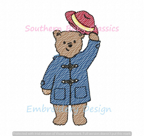 Coat and Hat Wearing Bear Character Light Sketchy Fill Machine Embroidery Design