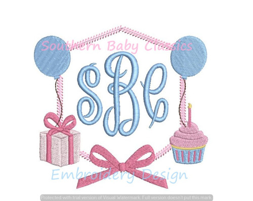 Birthday Girl Bow Monogram Crest Machine Embroidery Design Cake Present Balloons Frame