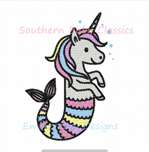 Mermaid Unicorn Quick Stitch Sketchy Fill Machine Embroidery Design Girl Summer Cute