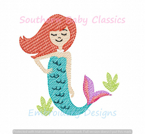 Cute Mermaid Girl Light Sketchy Fill Quick Stitch Machine Embroidery Design Summer Vacation