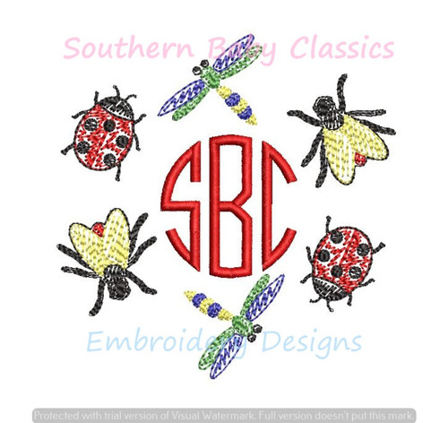 Quick Stitch Bugs Monogram Circle Frame Machine Embroidery Design Summer Boy