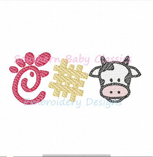 Chicken Restaurant Trio Light Sketchy Embroidery Design Cow Fast Food Nuggets Waffle Fries