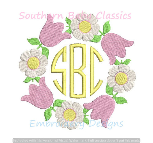 Preppy Tulip Daisy Circle Monogram Frame Machine Embroidery Design Spring Summer