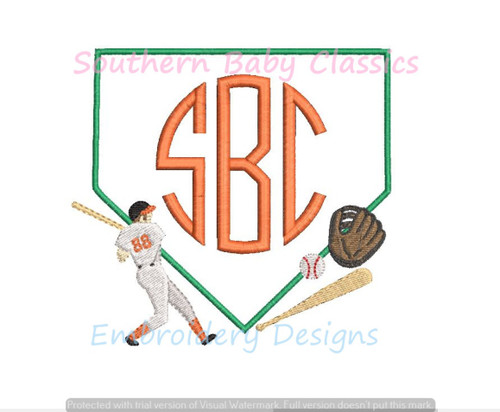 Baseball Player Monogram Frame Machine Embroidery Design Spring Boy Diamond Bat Glove