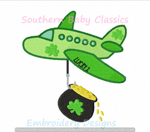 Lucky Airplane St Patrick's Day Machine Embroidery Design Shamrock Clover Boy Patrick Pot Gold Coins