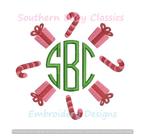 Christmas Candy Cane Present Monogram Embroidery Frame Machine Embroidery Design