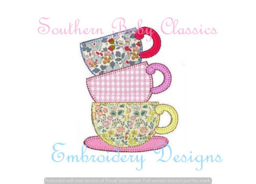 Stacked Tea Cup Cups Blanket Stitch Applique Machine Embroidery Design