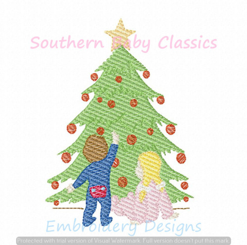 Christmas Tree Brother Sister Boy Girl Light Sketchy Fill Machine Embroidery Design