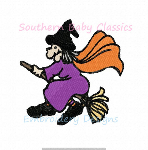 Witch on Broom Halloween Machine Fill  Embroidery Design Fall Autumn Girl Cute