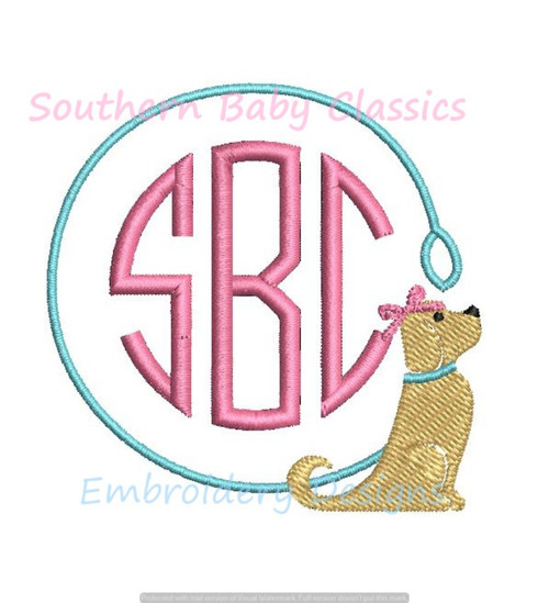 Girl Dog Leash Bow Monogram Frame Machine Embroidery Design Preppy Lab