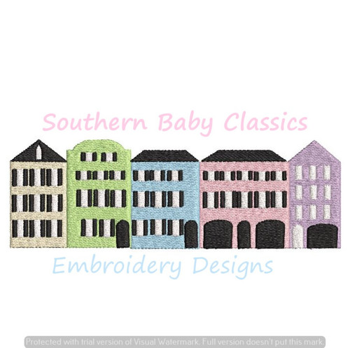 Rainbow Row Charleston Houses Southern Mansion Fill Machine Embroidery Design Preppy