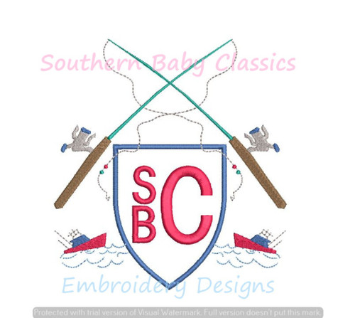 Fishing Salt Water Crest Monogram Frame Fish Summer Boy Preppy Cute Embroidery Design